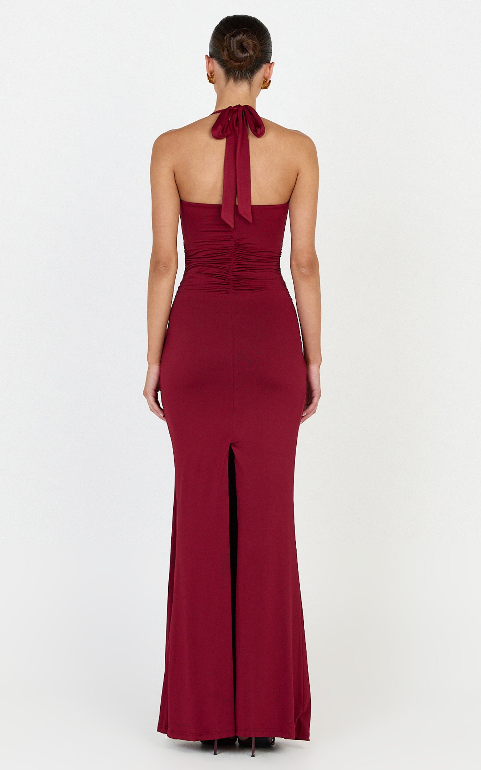 Amaya Maxi Dress - Draped Sash Halter Dress in Burgundy