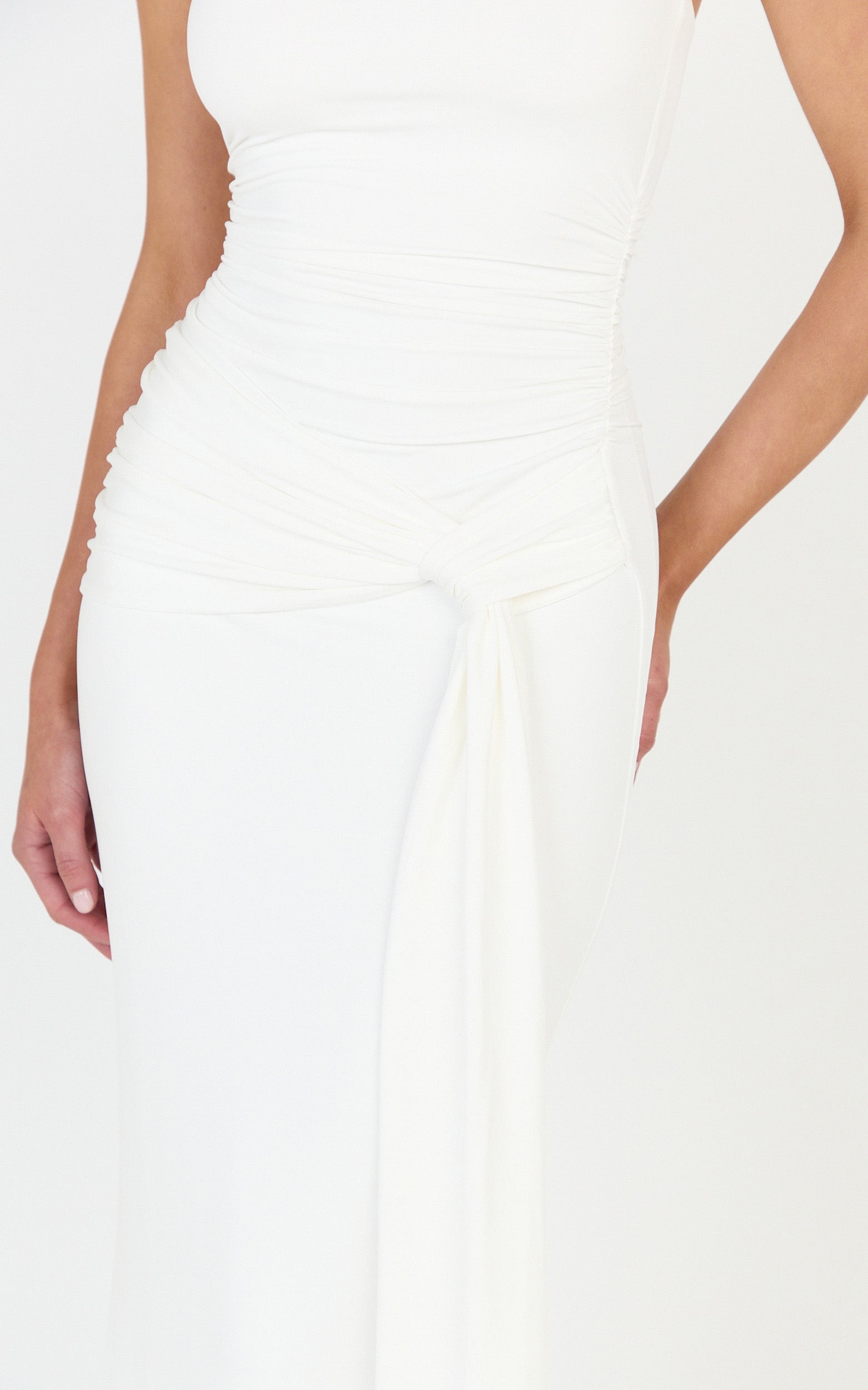 Amaya Maxi Dress - Draped Sash Halter Dress in White