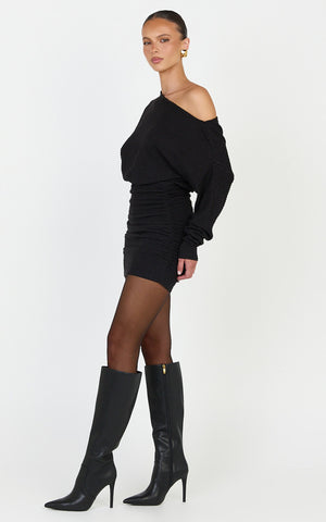 Alyce Mini Dress - Long Sleeve One Shoulder Dress in Black