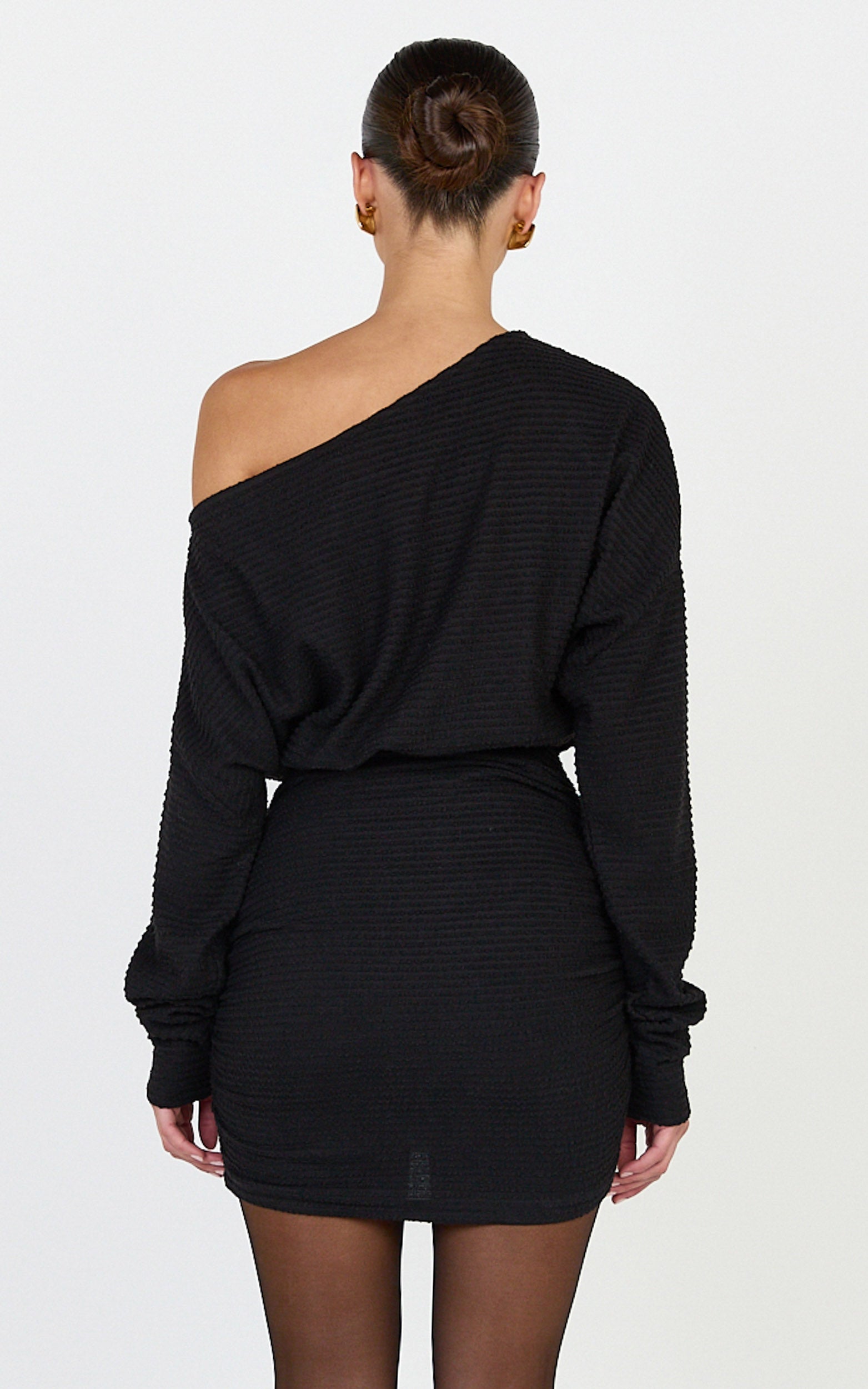 Alyce Mini Dress - Long Sleeve One Shoulder Dress in Black
