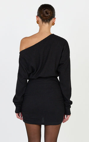 Alyce Mini Dress - Long Sleeve One Shoulder Dress in Black