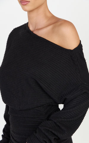 Alyce Mini Dress - Long Sleeve One Shoulder Dress in Black