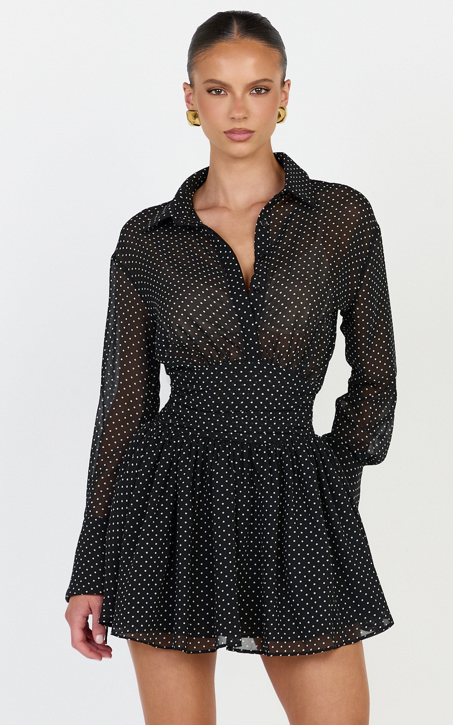 Valerie Mini Dress - Collared Long Sleeve Waist Shirt Dress in Black Polka Dot