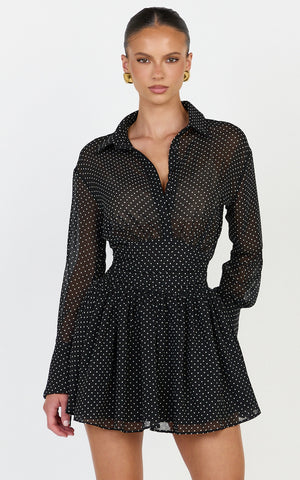Valerie Mini Dress - Collared Long Sleeve Waist Shirt Dress in Black Polka Dot
