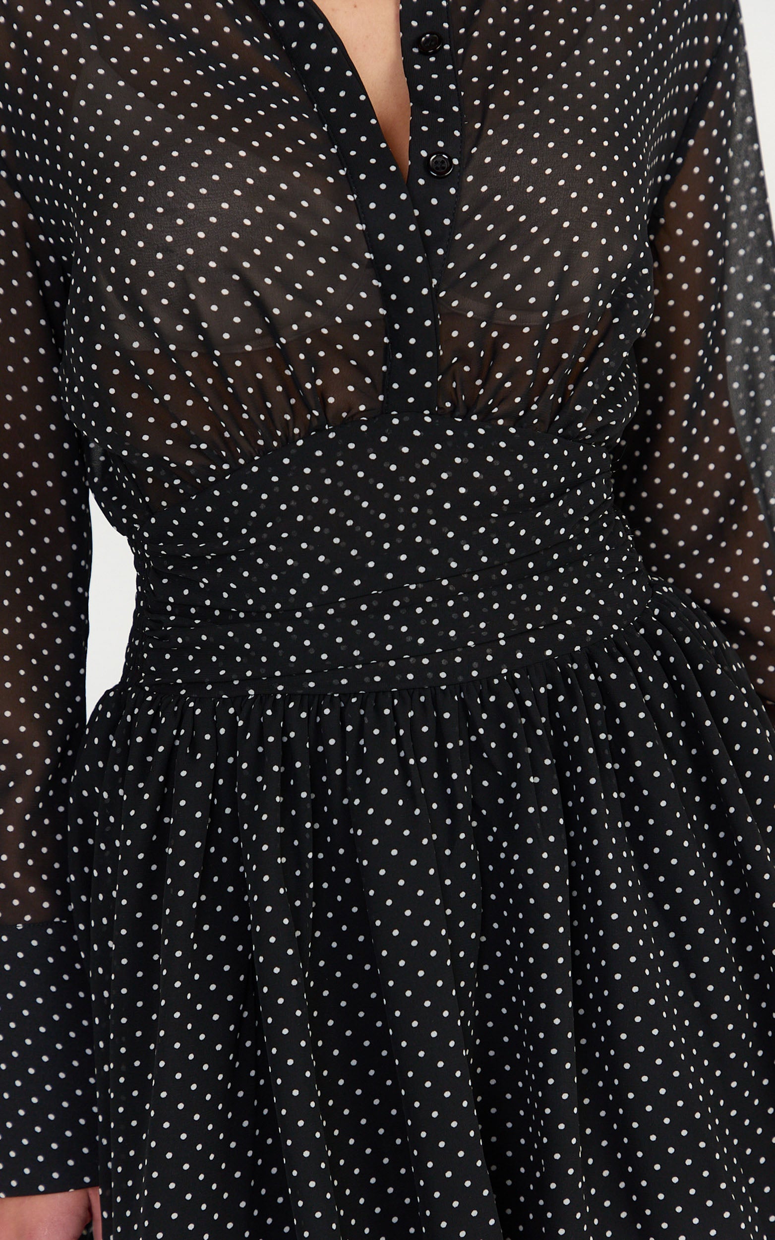 Valerie Mini Dress - Collared Long Sleeve Waist Shirt Dress in Black Polka Dot