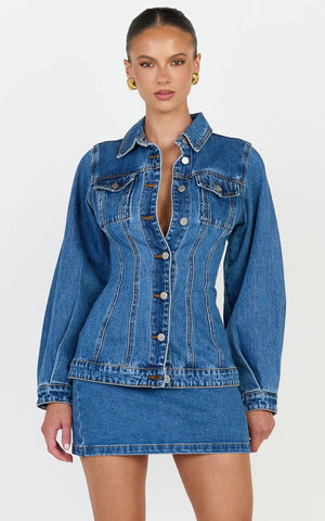 Tianna Jacket - Long Sleeve Contoured Recycled Denim Jacket in Mid Blue Wash