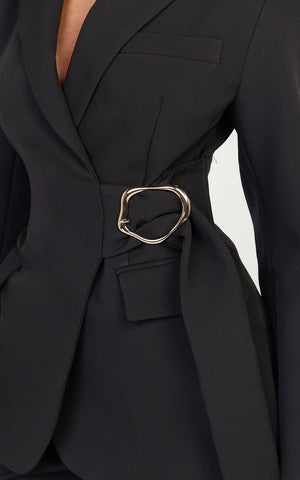 Floriane Blazer - Wrap Front Gold Buckle Detail Blazer in Black