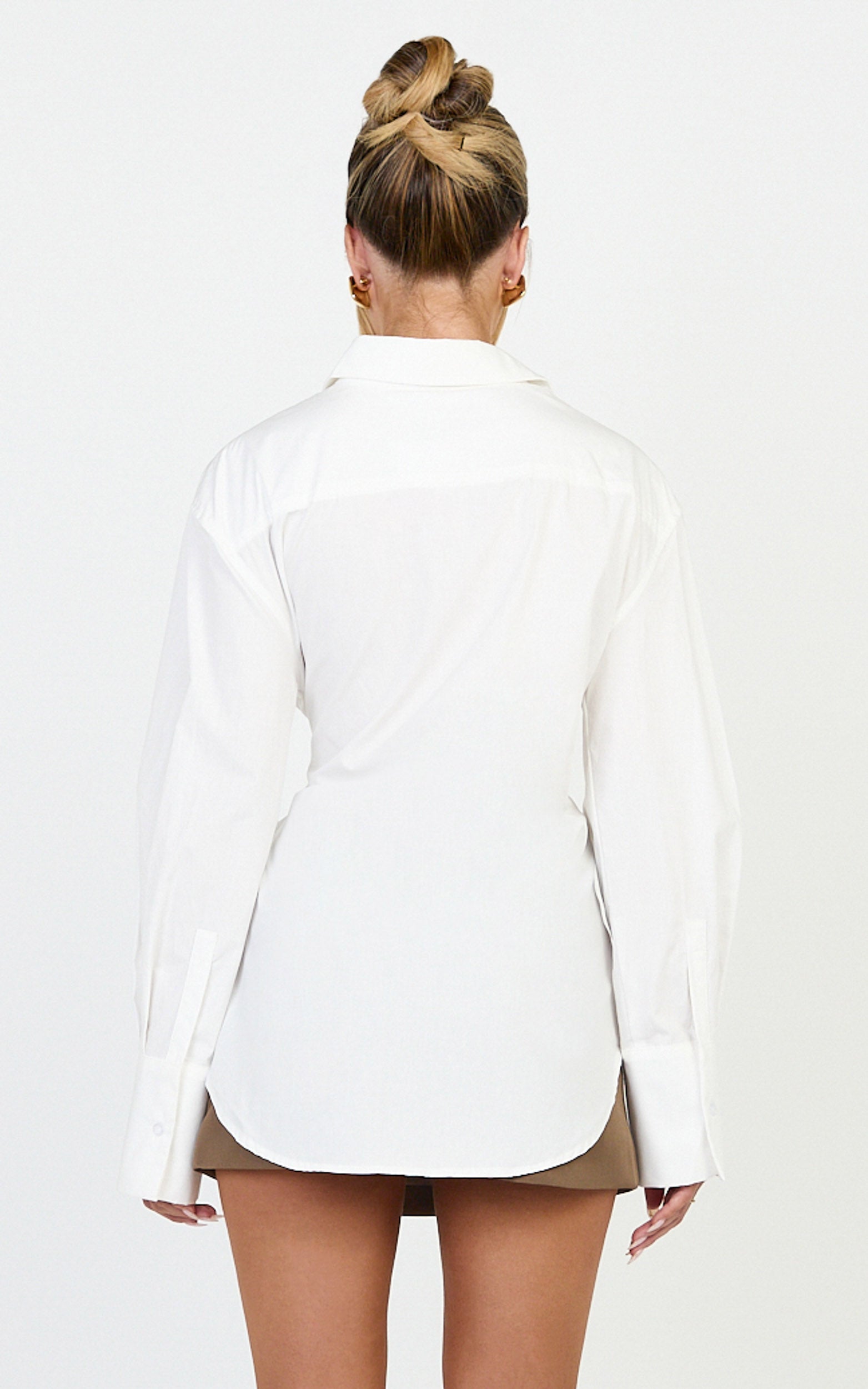 Heloise Top - Wrap Front Buckle and Tie Detail LS Shirt in White