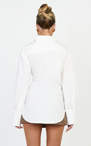 Heloise Top - Wrap Front Buckle and Tie Detail LS Shirt in White