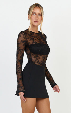 Serenade Bodysuit - Long Sleeve Lace Bodysuit in Black
