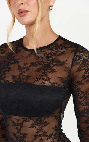 Serenade Bodysuit - Long Sleeve Lace Bodysuit in Black