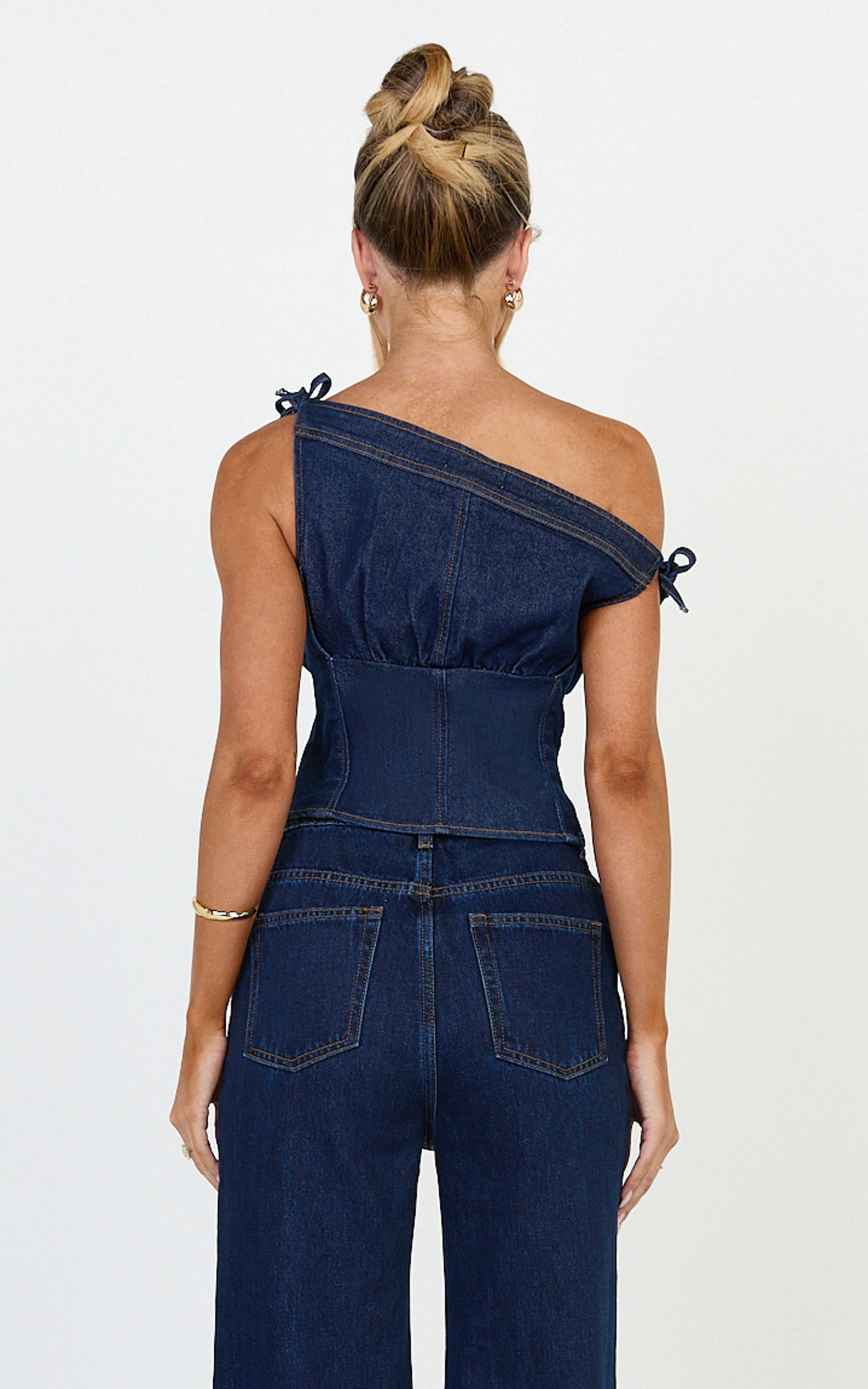 Ivy Top - Asymmetrical Neckline Tie Detail Stretch Denim Top in Dark Blue Wash