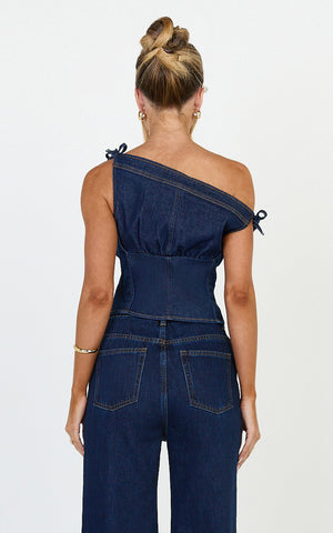 Ivy Top - Asymmetrical Neckline Tie Detail Stretch Denim Top in Dark Blue Wash