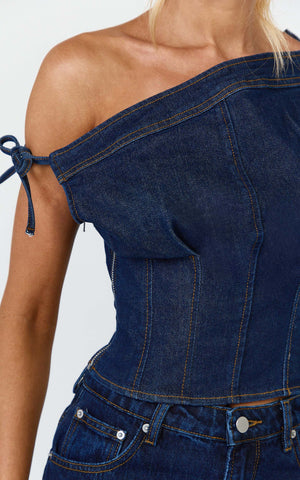 Ivy Top - Asymmetrical Neckline Tie Detail Stretch Denim Top in Dark Blue Wash