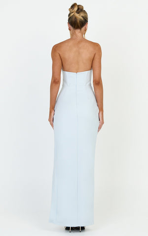 Tasha Midi Dress - Strapless Ruched Bodice Leg Split Dress in Blue