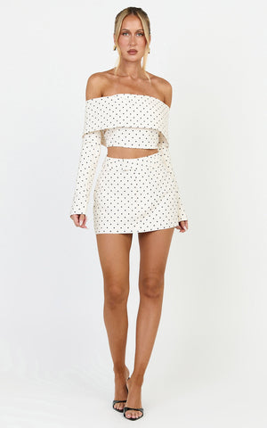 Lana Top - Long Sleeve Off Shoulder Cropped Top in Cream/Black Polka Dot