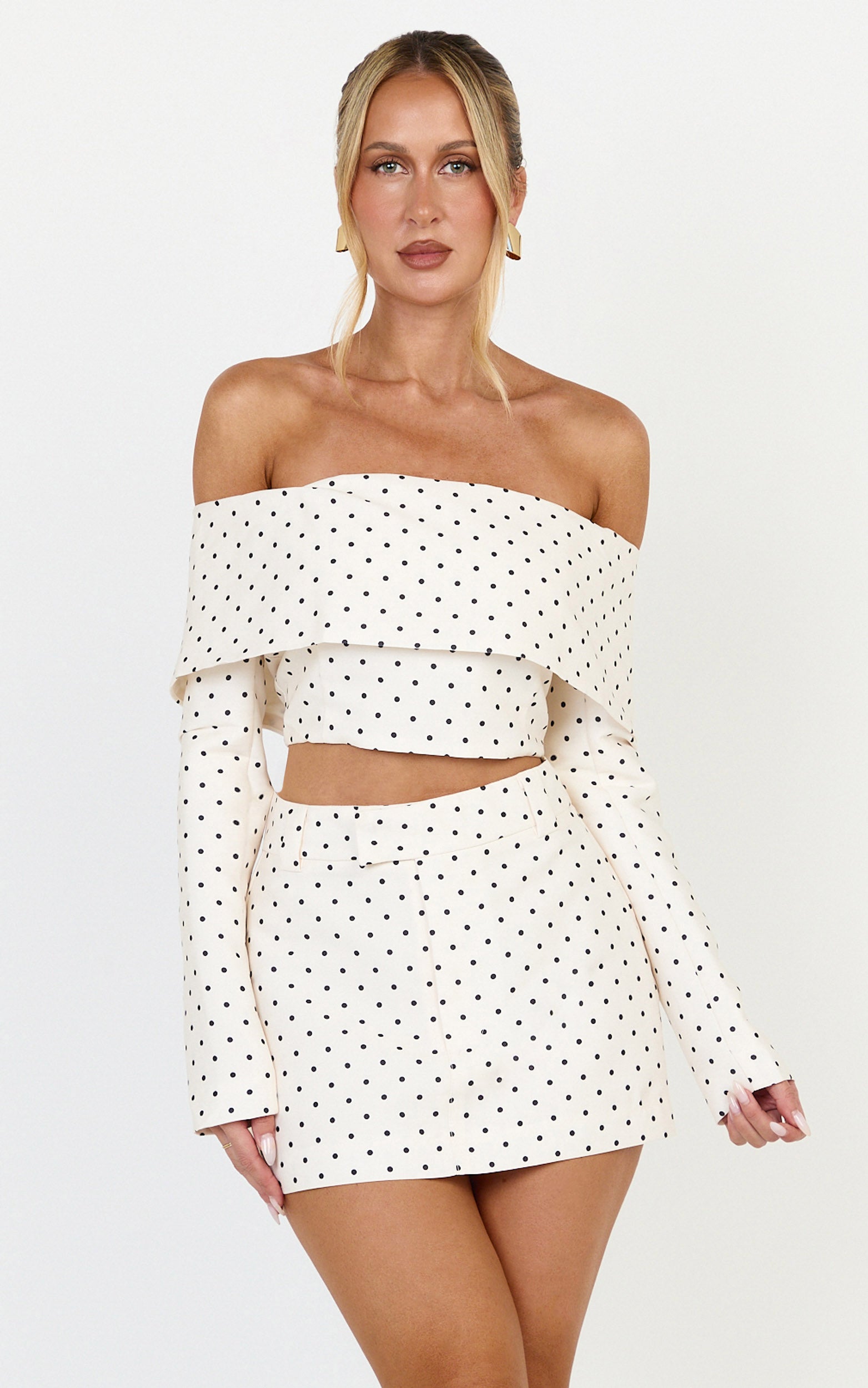 Lana Mini Skirt - Structured Tailored Skirt in Cream/Black Polka Dot