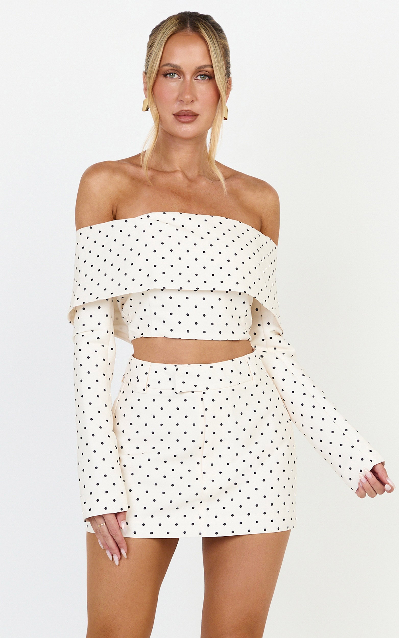 Lana Top - Long Sleeve Off Shoulder Cropped Top in Cream/Black Polka Dot