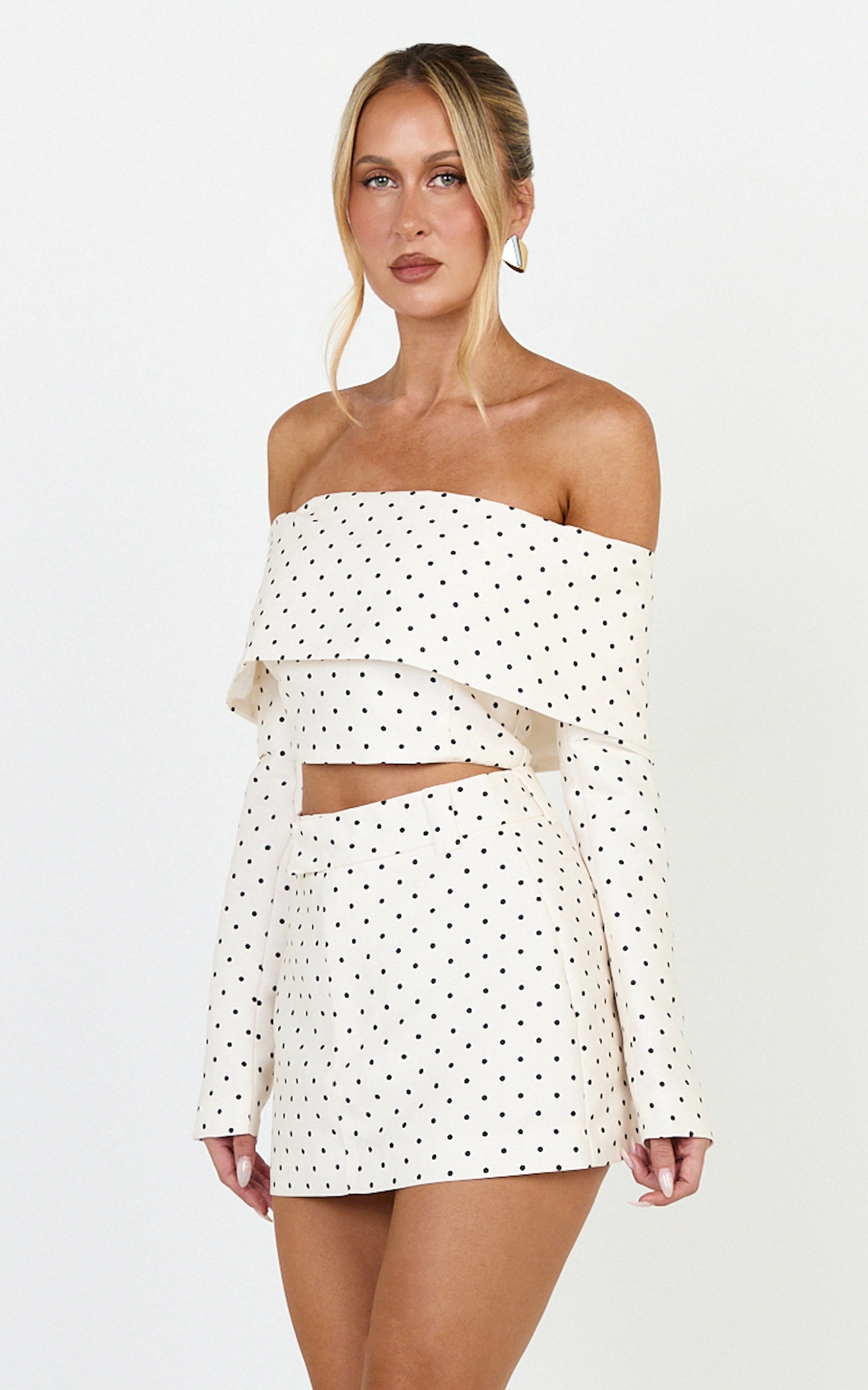 Lana Top - Long Sleeve Off Shoulder Cropped Top in Cream/Black Polka Dot