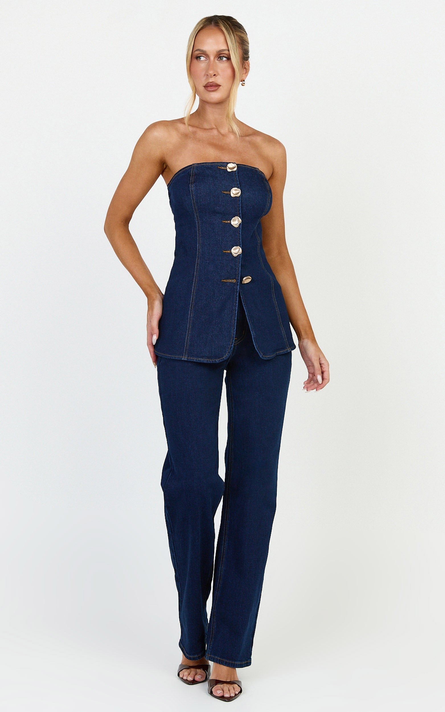 Phoebe Top - Strapless Button Down Stretch Denim Top in Dark Blue Wash