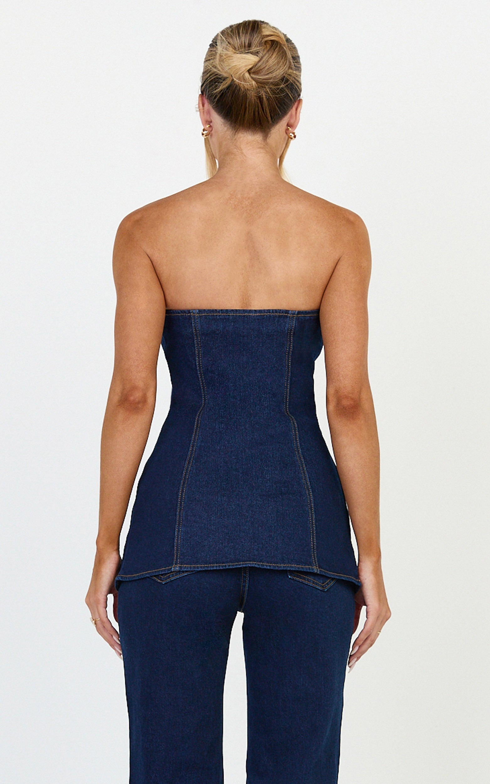 Phoebe Top - Strapless Button Down Stretch Denim Top in Dark Blue Wash