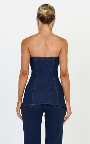Phoebe Top - Strapless Button Down Stretch Denim Top in Dark Blue Wash