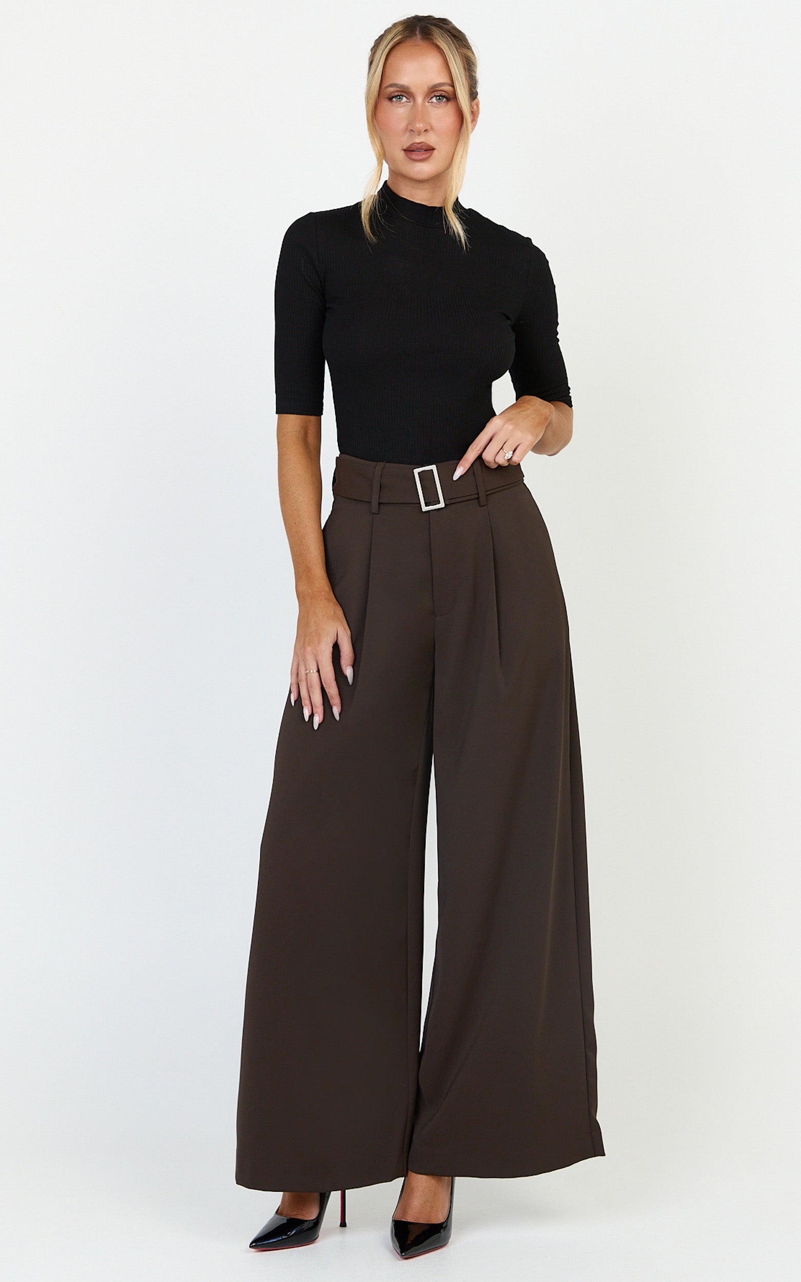 Stella Pants - High Waist Belted Wide Leg Pants in Dark Brown