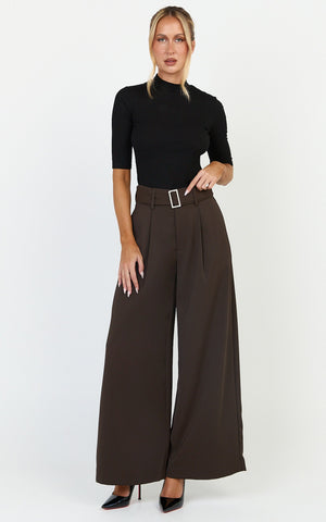 Stella Pants - High Waist Belted Wide Leg Pants in Dark Brown
