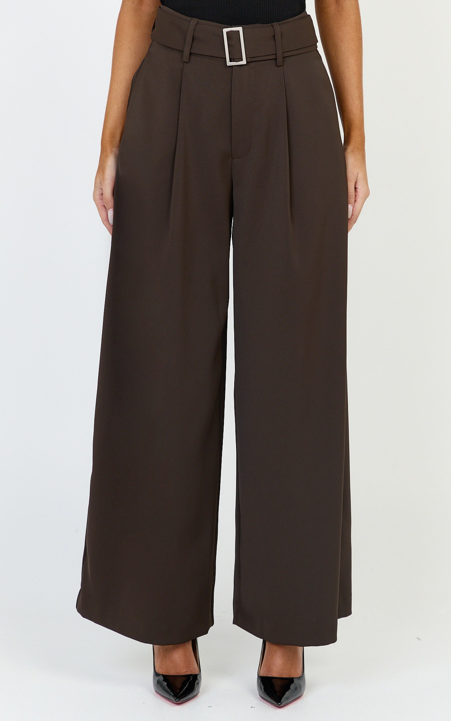 Stella Pants - High Waist Belted Wide Leg Pants in Dark Brown