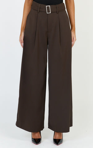 Stella Pants - High Waist Belted Wide Leg Pants in Dark Brown