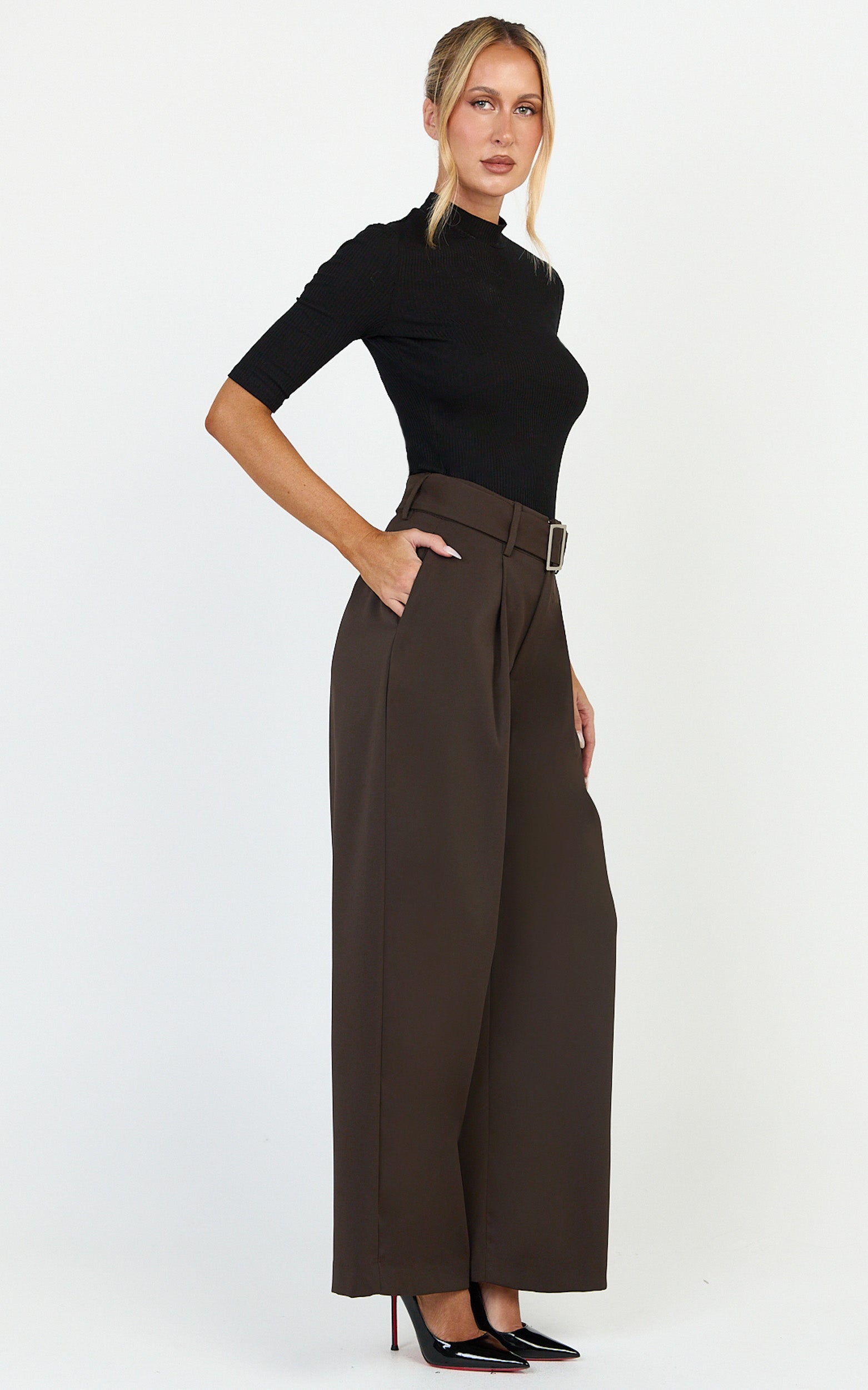 Stella Pants - High Waist Belted Wide Leg Pants in Dark Brown