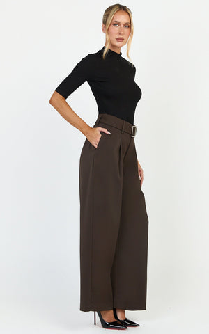 Stella Pants - High Waist Belted Wide Leg Pants in Dark Brown