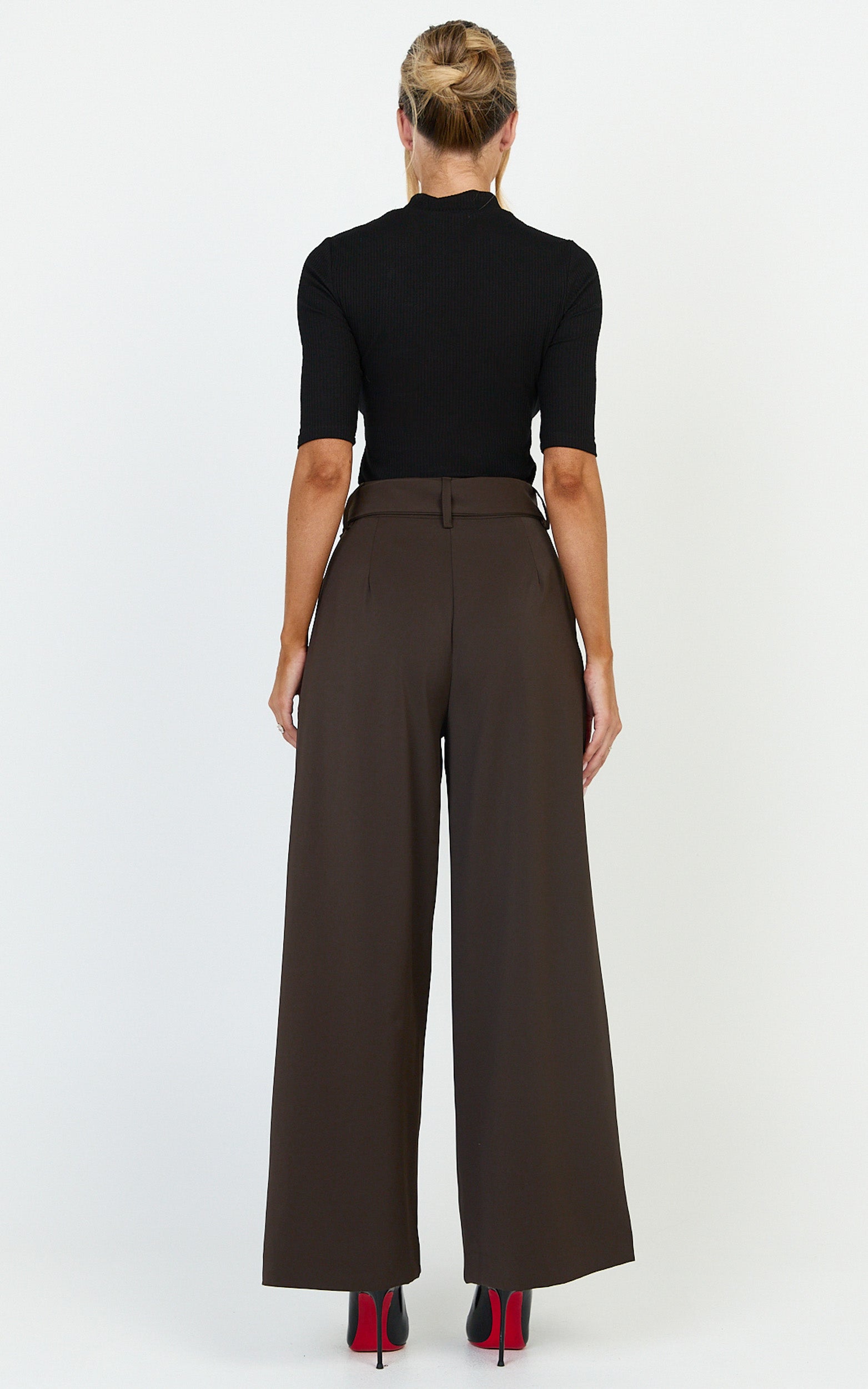 Stella Pants - High Waist Belted Wide Leg Pants in Dark Brown