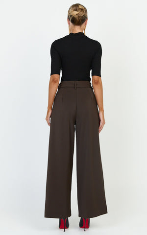 Stella Pants - High Waist Belted Wide Leg Pants in Dark Brown