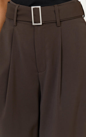 Stella Pants - High Waist Belted Wide Leg Pants in Dark Brown