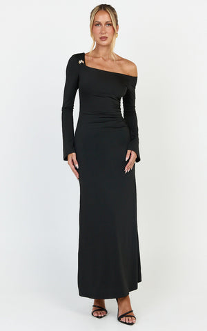 Daisy Maxi Dress - Long Sleeve Gold Hardware Detail Maxi Dress in Black