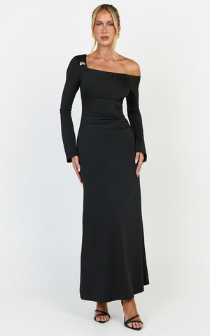 Daisy Maxi Dress - Long Sleeve Gold Hardware Detail Maxi Dress in Black