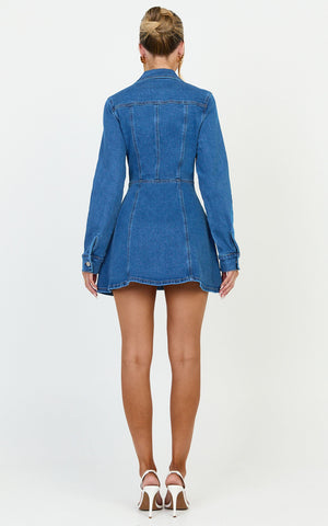 Cleo Mini Dress - Panel Detail Stretch Denim Shirt Dress in Mid Blue Wash