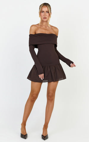 Remi Mini Dress - Mixed Media Overlay Detail Off-shoulder Long Sleeve Dropped Waist Mini Dress in Chocolate