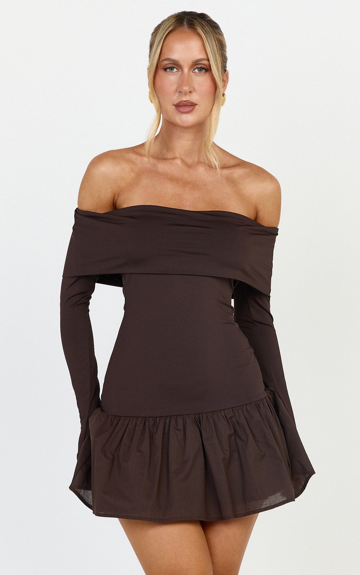 Remi Mini Dress - Mixed Media Overlay Detail Off-shoulder Long Sleeve Dropped Waist Mini Dress in Chocolate