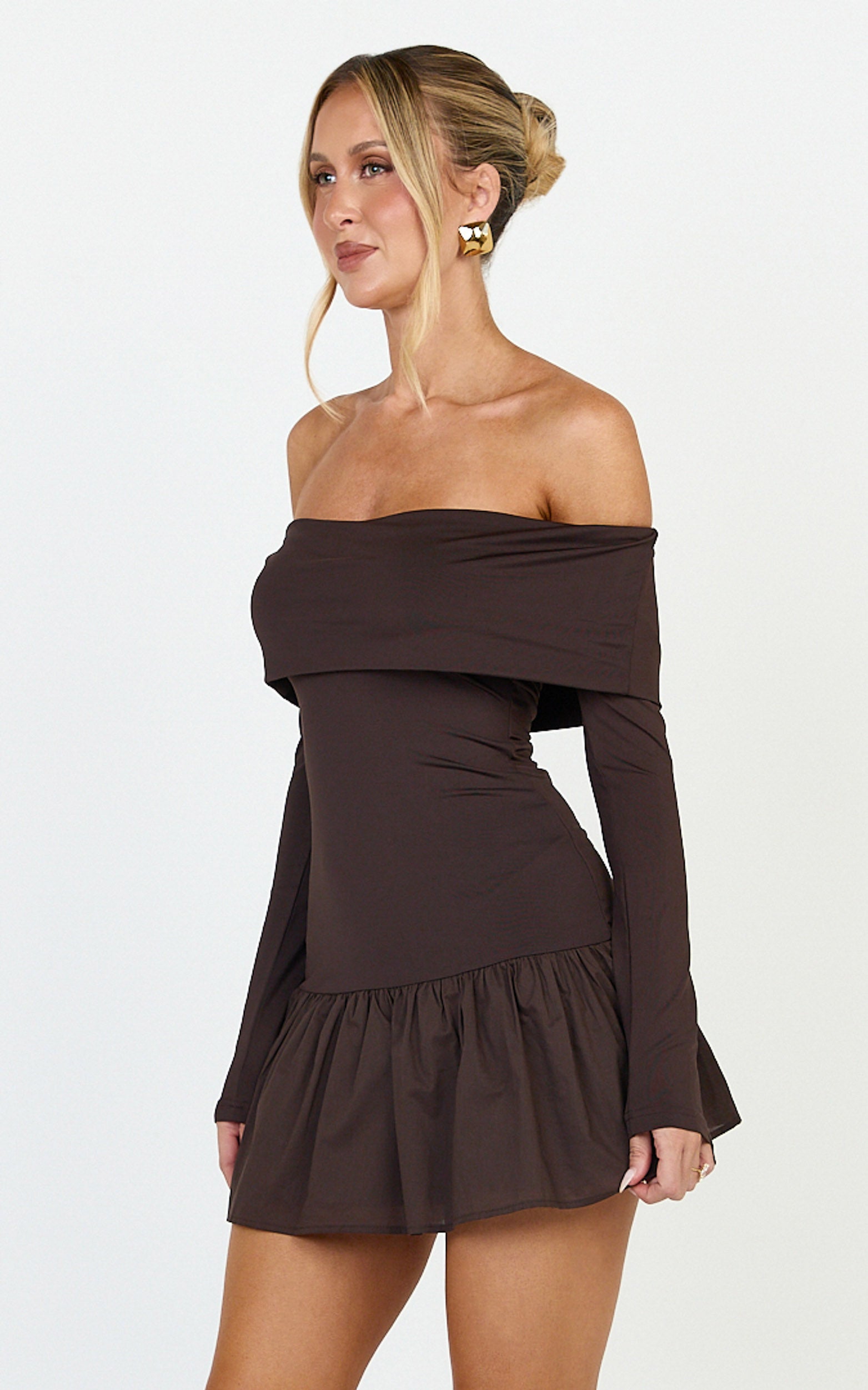 Remi Mini Dress - Mixed Media Overlay Detail Off-shoulder Long Sleeve Dropped Waist Mini Dress in Chocolate