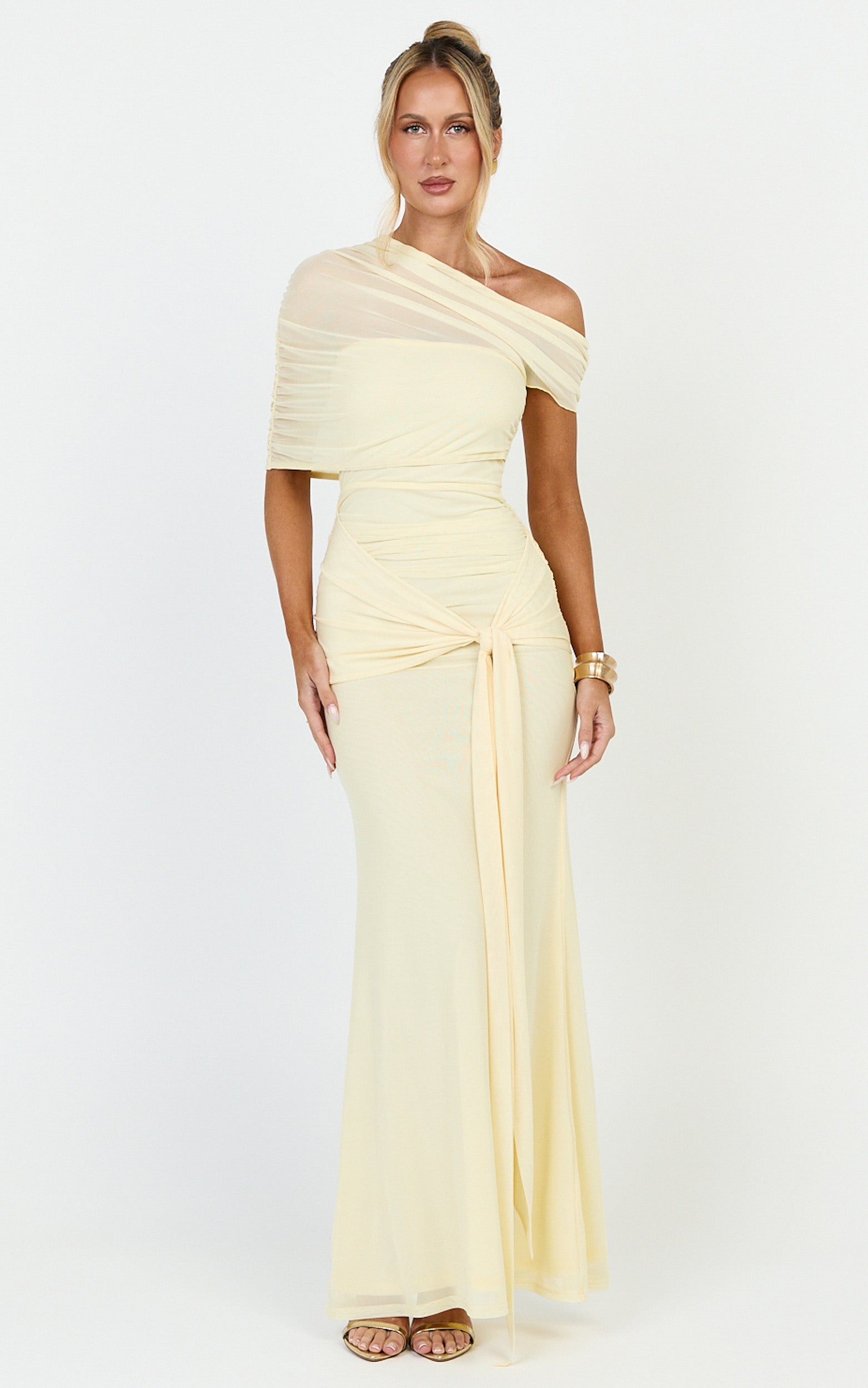 Nicolette Maxi Dress - Cape Sleeve Off Shoulder Dress in Yellow