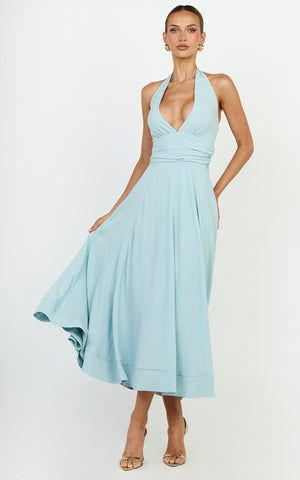 Vivia Maxi Dress - Gathered Waist Halter Dress in Blue