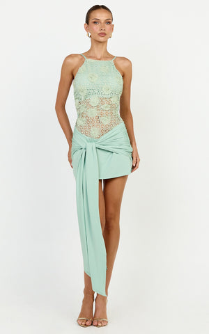 Nerissa Mini Dress - Crochet Floral Embellished High Neck Wrap Tie Skirt Dress in Sage
