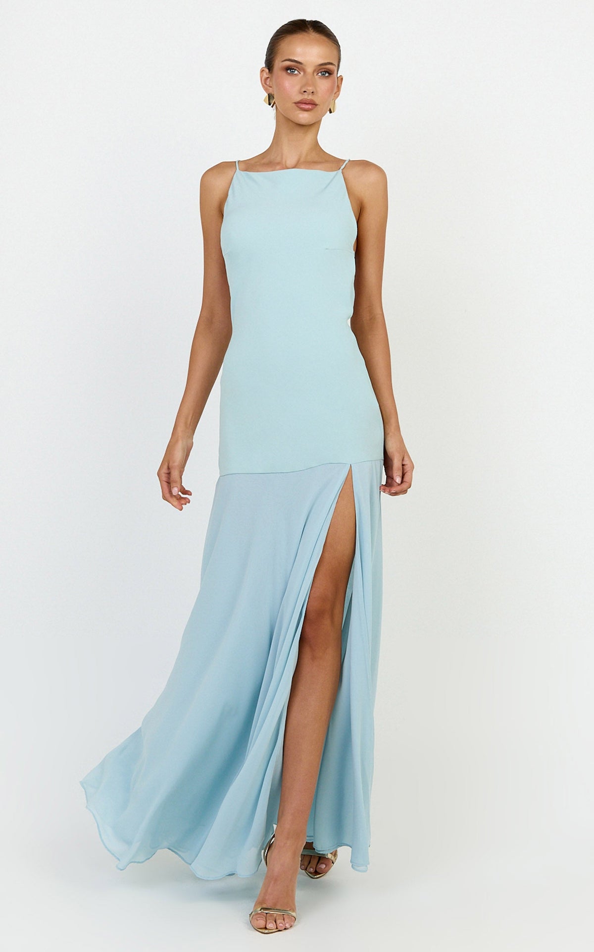 Ayla Maxi Dress - High Neckline Contrast Georgette Skirt Dress in Blue