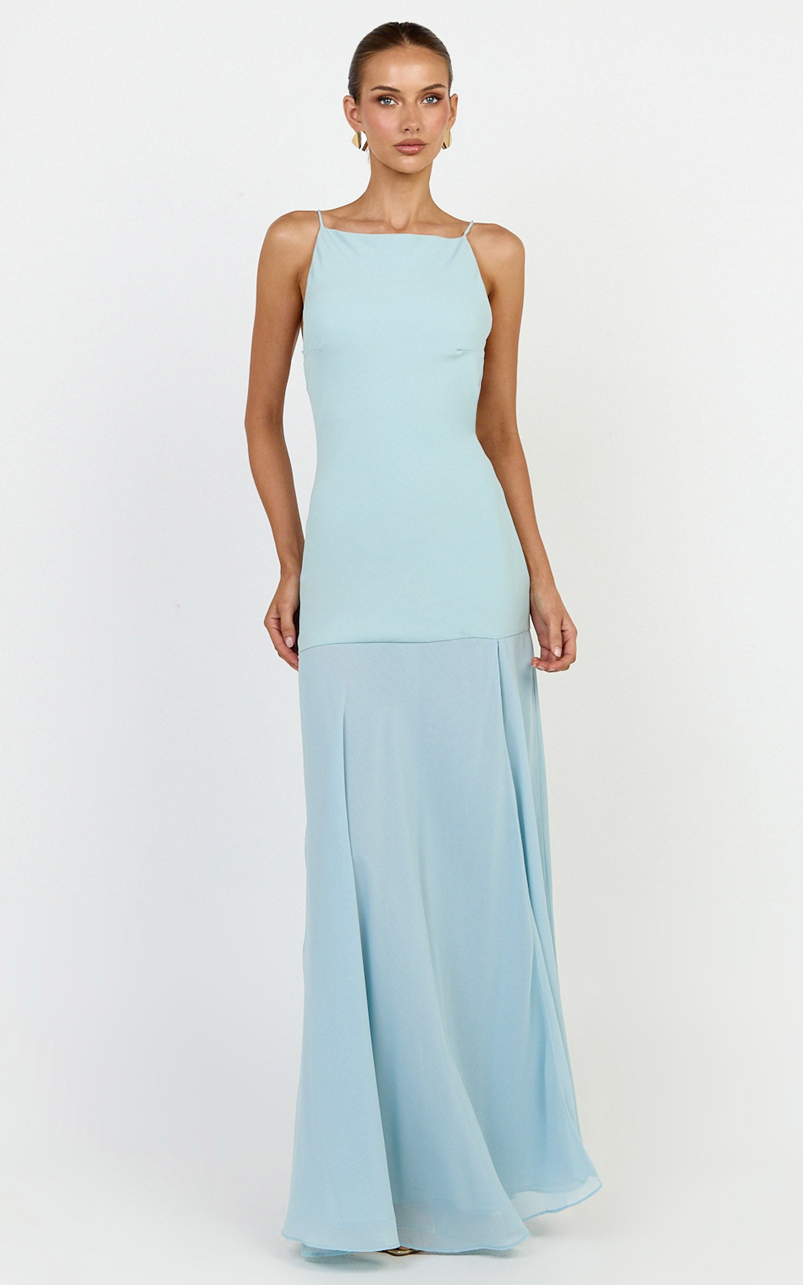 Ayla Maxi Dress - High Neckline Contrast Georgette Skirt Dress in Blue