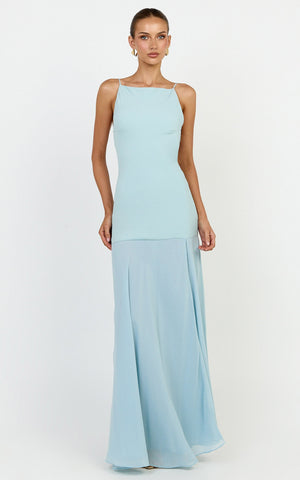 Ayla Maxi Dress - High Neckline Contrast Georgette Skirt Dress in Blue
