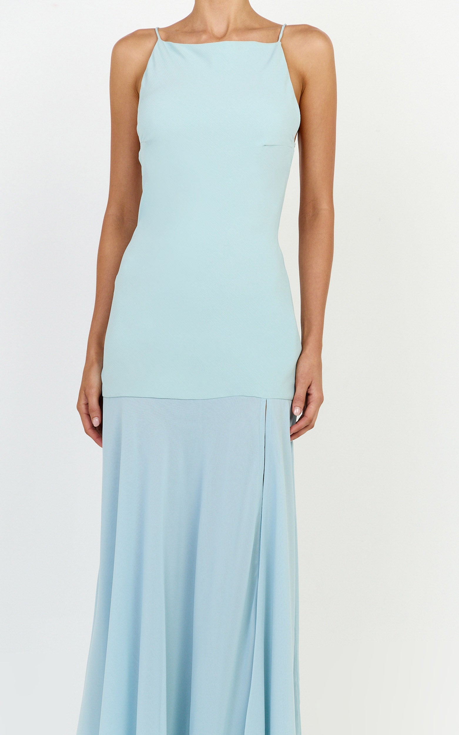 Ayla Maxi Dress - High Neckline Contrast Georgette Skirt Dress in Blue