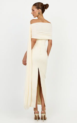 Elina Maxi Dress - Off Shoulder Contrast Mesh Draped Overlay Dress in Cream