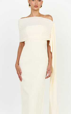 Elina Maxi Dress - Off Shoulder Contrast Mesh Draped Overlay Dress in Cream